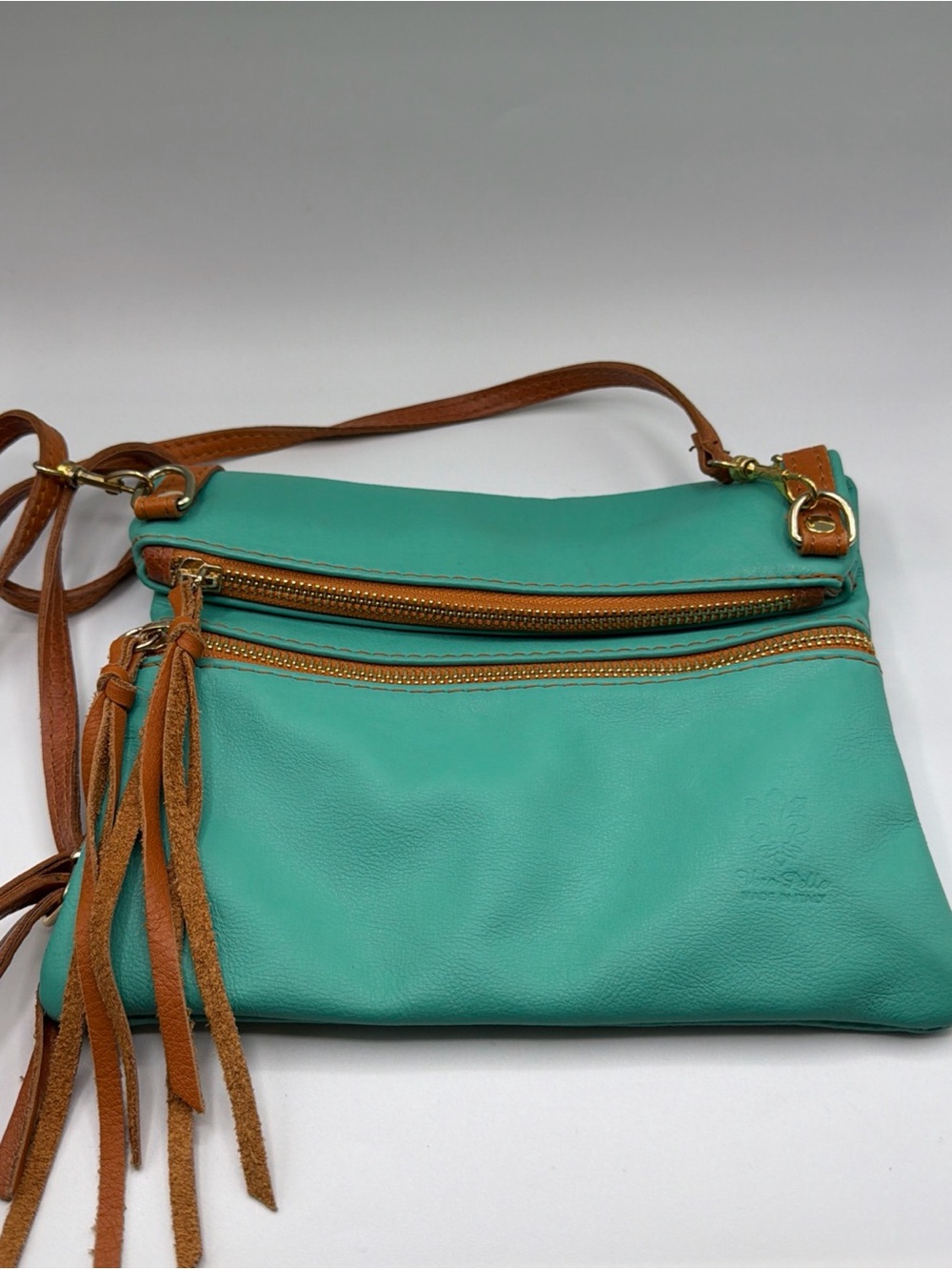Vtg Vera Pelle Italian Leather Crossbody Bag  Turquoise /Brown Trim Tassels